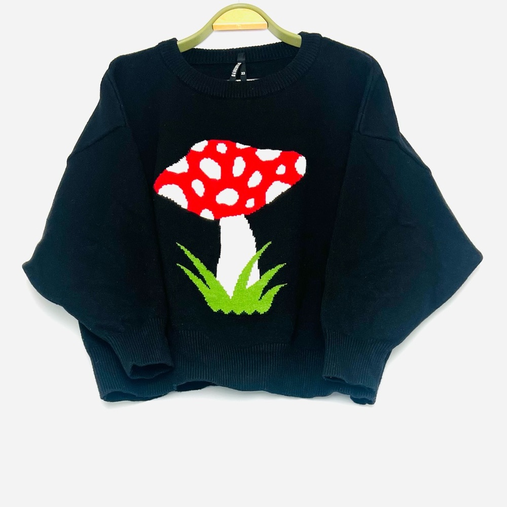 Dangerfield Black Knit Sweater With Red Mushroom Design Size 22